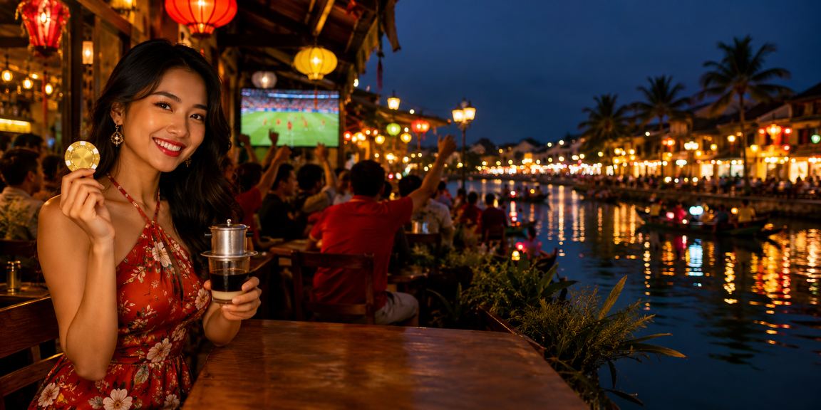 Người dùng tại Hội An thưởng thức cà phê và theo dõi ưu đãi casino